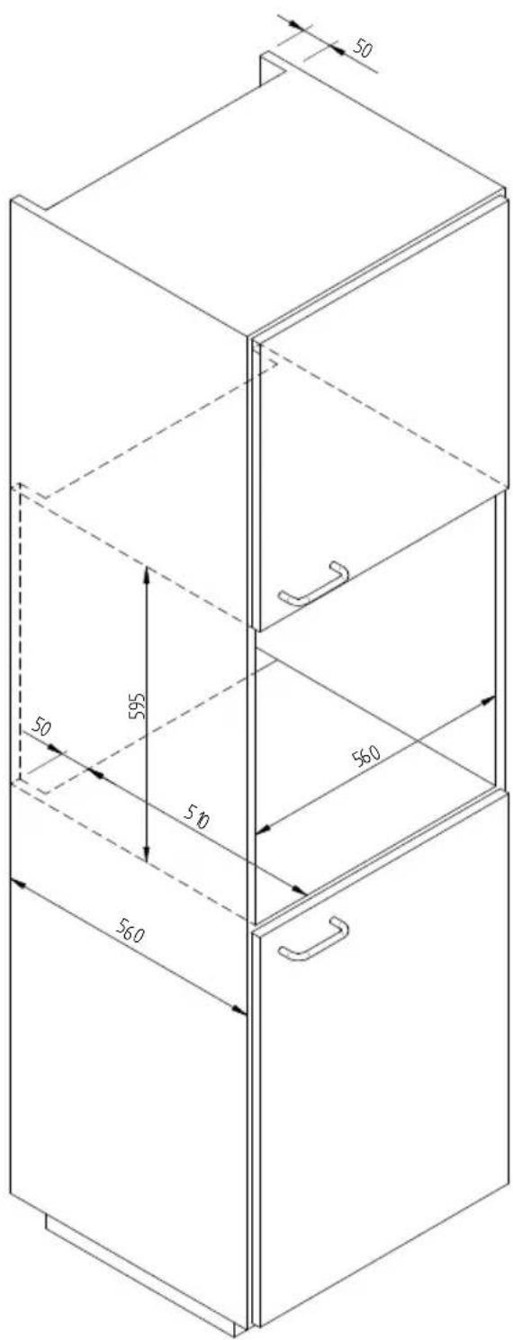 Fulgor Milano LD 15 ME - SCHEMA DIMENSIONALE CASSETTO INCASSO 560 X 595 CON FORNO DA 480 - 1