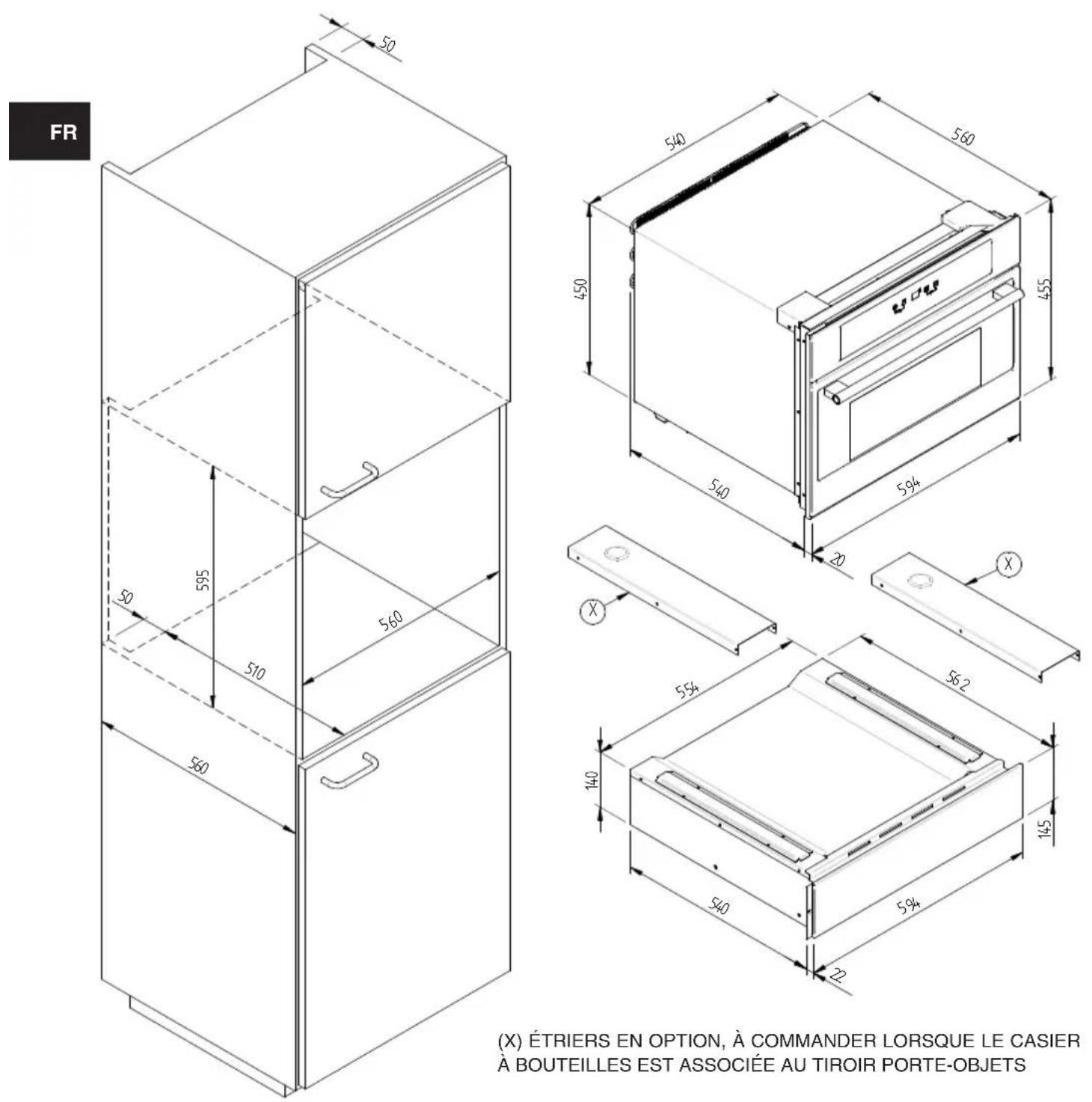 Fulgor Milano LD 15 ME - SCHEMA DIMENSIONNEL DU TIROIR 145 ENCASTRABLE 560 X 595   AVEC CASIER A VIN DE 451 - 1