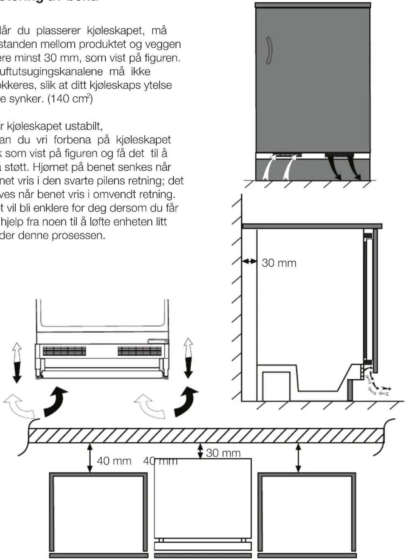 TEKA TFI3 130 D - Plassering av kjøleskapet under kjøkkenbenken og justering av bena - 1