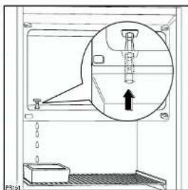 Technical diagram showing a mechanical assembly with a magnified inset highlighting a component with an upward arrow.