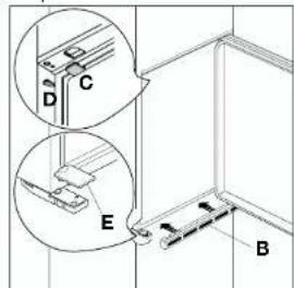 Technical diagram showing labeled mechanical components with annotations A, B, C, D, and E