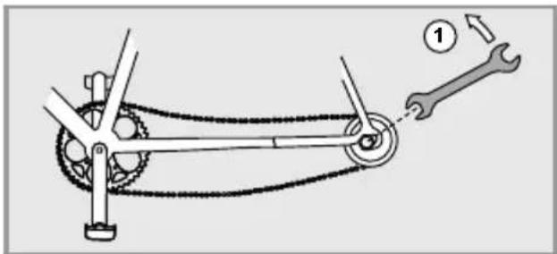 Diagram illustrating a mechanical linkage system with labeled components and a wrench tool for assembly or repair.