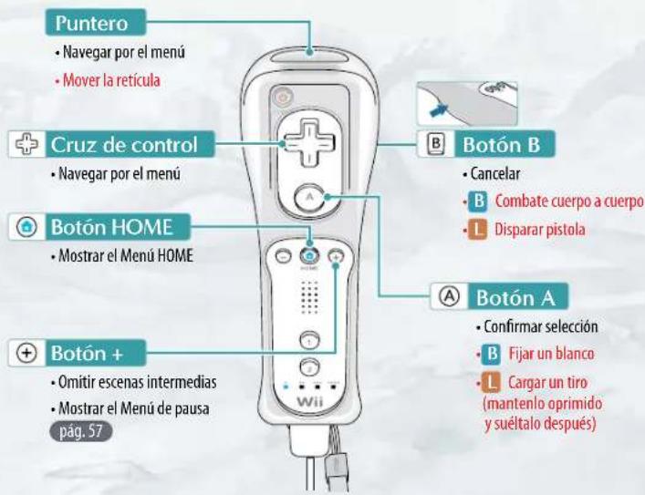 Puntero • Navegar por el menú • Mover la retícula Cruz de control • Navegar por el menú Botón HOME • Mostrar el Menú HOME Botón + • Omitir escenas intermedias • Mostrar el Menú de pausa pág. 57 Botón B • Cancelar • B Combate cuerpo a cuerpo • L Disparar pistola Botón A • Confirmar selección • B Fijar un blanco • L Cargar un tiro (mantenlo oprimido y suéltalo después)
