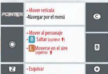 POINTER • Mover retícula • Navegar por el menú • Mover al personaje • B Saltar (oprimé) • L Moverse en el aire (oprime) • Esquivar