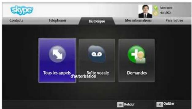 skype Contacts Téléphoner Historique Mes informations Paramètres Tous les appels Boîte vocale d'autorisation Demandes Mon nom 0013425 Retour Quitter