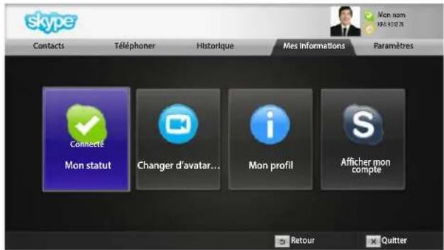 skype Contacts Téléphoner Historique Mes informations Paramètres Mon nom 1924 10:26 Connecté Mon statut Changer d'avatar... Mon profil Afficher mon compte Retour Quitter