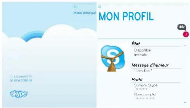 01 Menu principal MON PROFIL NostRer 3 État Disponible Invisible Message d'humeur "am fine!" Profil Surnom Skype Nom complet