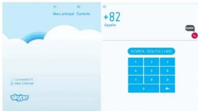 01 02 Menu principal Contacts +82 Appeler Appeler LG webOS.TV KBW 1,364.56 skype KOREA SOUTH (+82) 1 2 3 4 5 6 7 8 9 0 ←