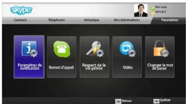skype Contacts Téléphoner Historique Mas informations Mons nom 04/12/25 Paramètres Paramètres de notification Renvoi d'appel Respect de la vie privée Video Changer le mot de passe Retour Quitter