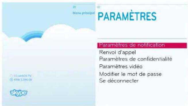 01 Menu principal PARAMÈTRES Paramètres de notification Renvoi d'appel Paramètres de confidentialité Paramètres vidéo Modifier le mot de passe Se déconnecter