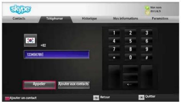 skype Contacts Téléphorer Historique Mes informations Paramètres +82 123456789! Appeler Ajouter aux contacts Ajouter un contact 1 2 3 4 5 6 7 8 9 * 0 # ← Retour Quitter Mon nom 93.1.4.73