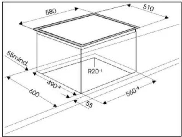 Pelgrim CKB840ONY - Dimensions de la découpe pour la table de cuisson - 1
