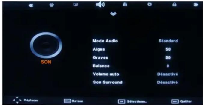 SON Mode Audio Standard Aigus 50 Graves 50 Balance 0 Volume auto Désactivé Son Surround Désactivé