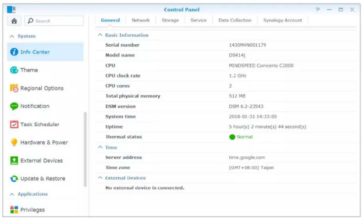 SYNOLOGY DiskStation DS420j - Vérifier les informations système - 1