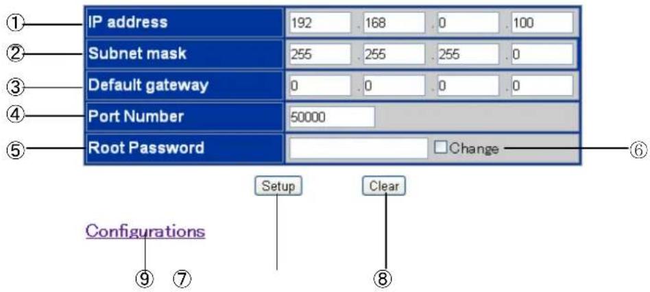 IP address 192 . 168 . 0 . 100 Subnet mask 255 . 255 . 255 . 0 Default gateway 0 . 0 . 0 . 0 Port Number 50000 Root Password Change Configurations Setup Clear ⑨ ⑦ ⑧