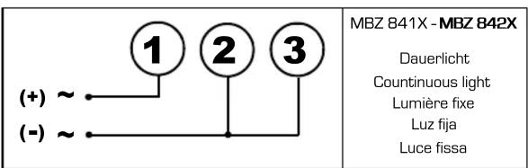 (+) ~ (-) ~ ① ② ③ MBZ 841X - MBZ 842X Dauerlicht Countinuous light Lumière fixe Luz fija Luce fissa
