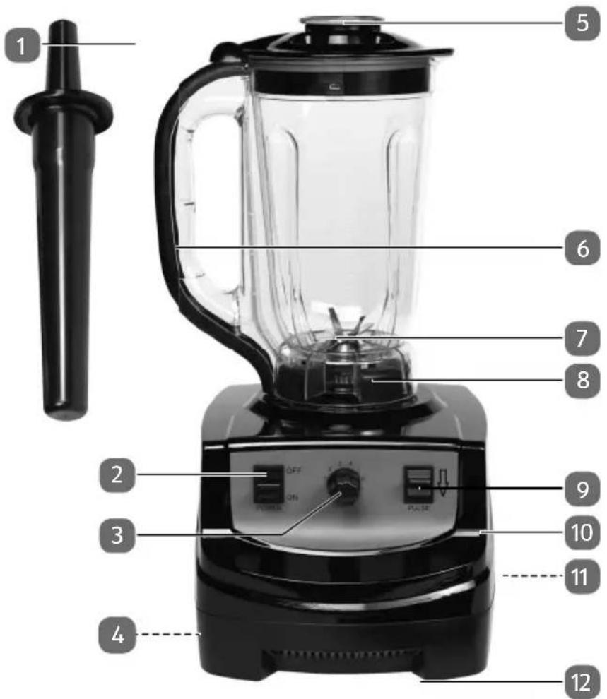 Labeled diagram of a blender with numbered parts for identification and assembly reference.
