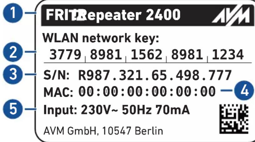 AVM FRITZ!Repeater 2400 - Données de l'appareil figurant sur son étiquette - 1