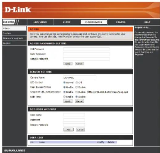 D-LINK DCS5030L - Maintenance Admin - 1