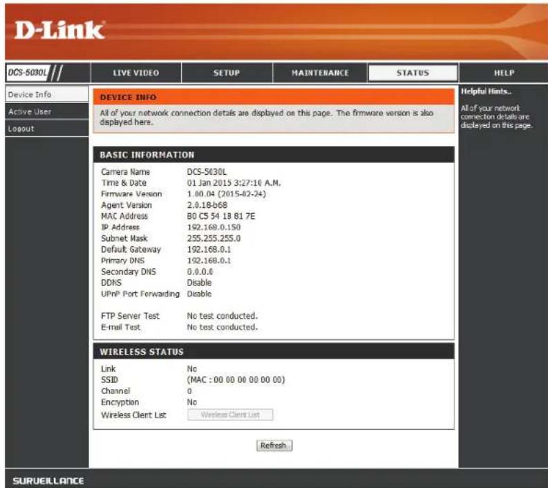 D-LINK DCS5030L - État Informations sur le périphérique - 1