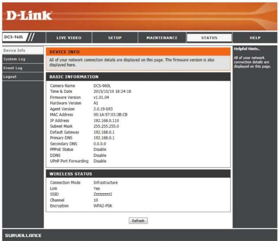 D-LINK DCS960L - État Informations sur le périphérique - 1