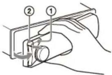 Diagram showing a hand operating a mechanical device with labeled parts 1 and 2, indicating a step or operation.