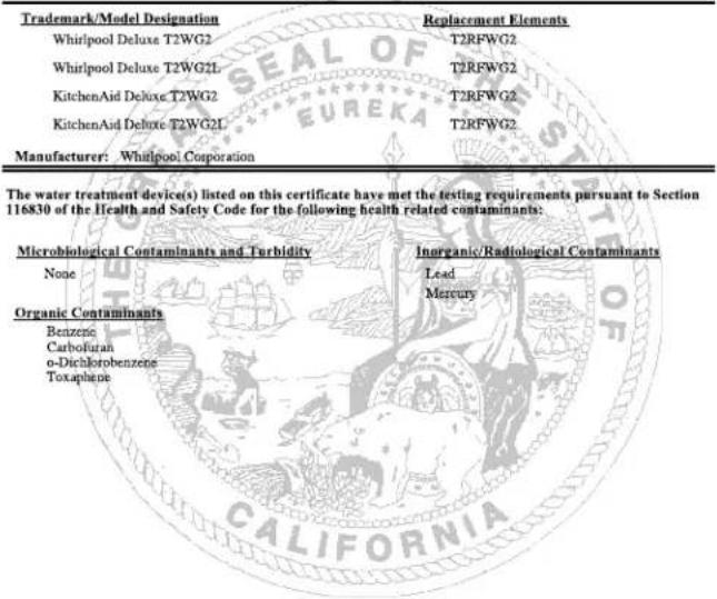 KITCHENAID KBBR306ESS - WATER FILTER CERTIFICATIONS - 1