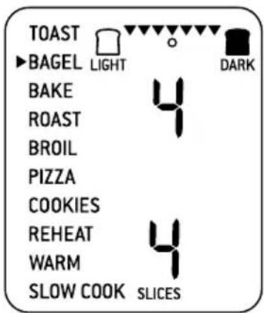 TOAST BAGEL LIGHT DARK BAKE 4 ROAST BROIL PIZZA COOKIES REHEAT 4 WARM 4 SLOW COOK SLICES