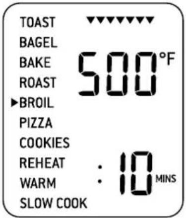 TOAST BAGEL BAKE 500°F ROAST ▶BROIL PIZZA COOKIES REHEAT : 10 MINS WARM : 10 MINS SLOW COOK