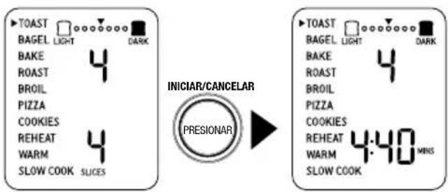 TOAST BAGEL LIGHT DARK BAKE 4 ROAST BROIL PIZZA COOKIES REHEAT 4 WARM SLOW COOK SLICES INICIAR/CANCELAR PRESIONAR TOAST BAGEL LIGHT DARK BAKE 4 ROAST BROIL PIZZA COOKIES REHEAT 4:40 MINS WARM SLOW COOK