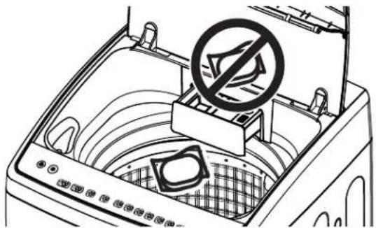 Diagram of a washing machine with a no-smoking symbol on the lid, showing interior compartments and control buttons.