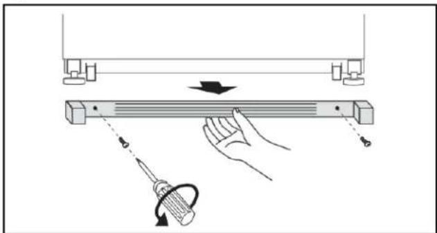 Diagram illustrating a hand holding a screwdriver to press a horizontal bar, with directional arrows indicating motion or force.