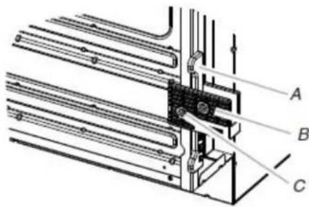 Technical diagram of a mechanical assembly with labeled components A, B, and C