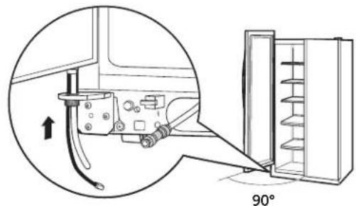 Diagram showing a mechanical device with an arrow pointing to a 90-degree angle of installation, likely illustrating a mechanical or electrical setup.