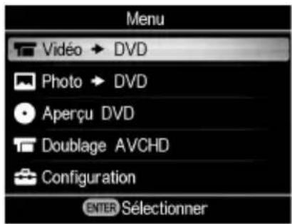 Menu Vidéo → DVD Photo → DVD Aperçu DVD Doublage AVCHD Configuration ENTER Sélectionner