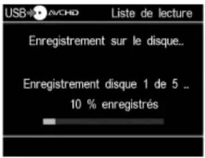 USB→AVCHD Liste de lecture Enregistrement sur le disque.. Enregistrement disque 1 de 5 .. 10 % enregistrés