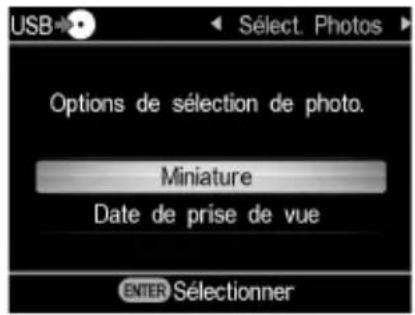 Options de sélection de photo. Miniature Date de prise de vue ENTER Sélectionner