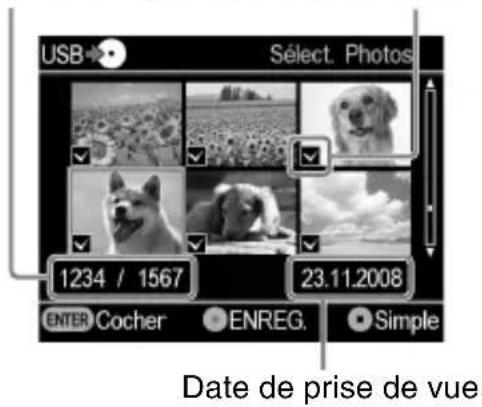 USB→ Sélect. Photos 1234 / 1567 23.11.2008 ENTER Cocher ENREG. Simple Date de prise de vue