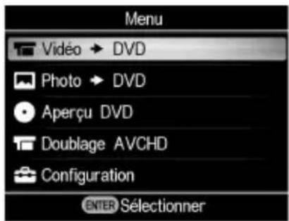 Menu Vidéo → DVD Photo → DVD Aperçu DVD Doublage AVCHD Configuration ENTER Sélectionner
