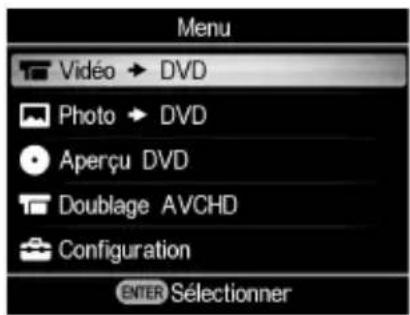 Menu Vidéo → DVD Photo → DVD Aperçu DVD Doublage AVCHD Configuration ENTER Sélectionner