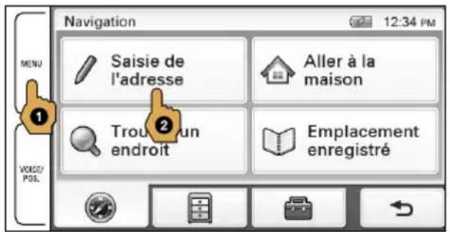 Navigation 12:34 PM MENU Saisie de l'adresse Aller à la maison Trouc un endroit Emplacement enregistré VONGEN POS.