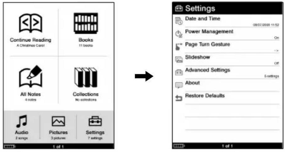 SONY Reader PRS700 - Dans le menu d'accueil, tapez sur (Settings). - 1