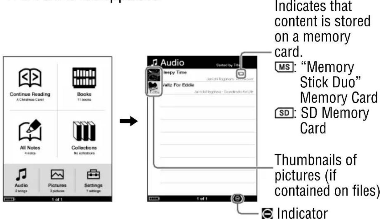 SONY Reader PRS700 - In the Home menu, tap (Audio). - 1
