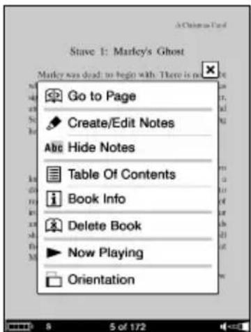 SONY Reader PRS700 - Menu d'options d'une page de livre - 1