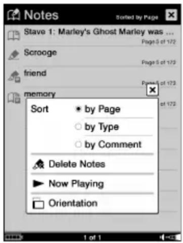SONY Reader PRS700 - Menu d'options de la liste de remarques - 1