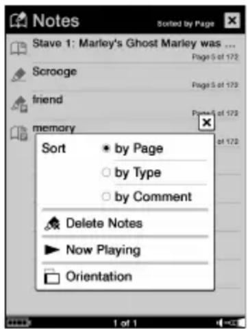 SONY Reader PRS700 - Option menu of the Notes List - 1