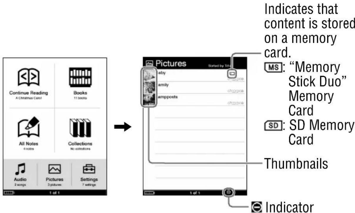 SONY Reader PRS700 - In the Home menu, tap (Pictures). - 1