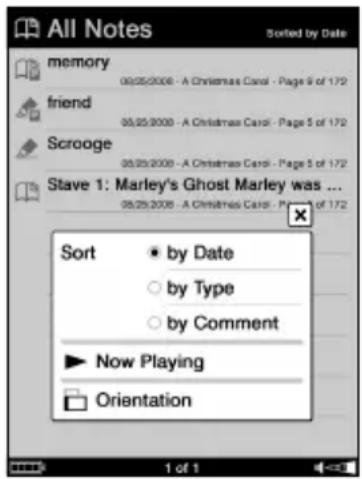 SONY Reader PRS700 - Option menu of the All Notes List - 1