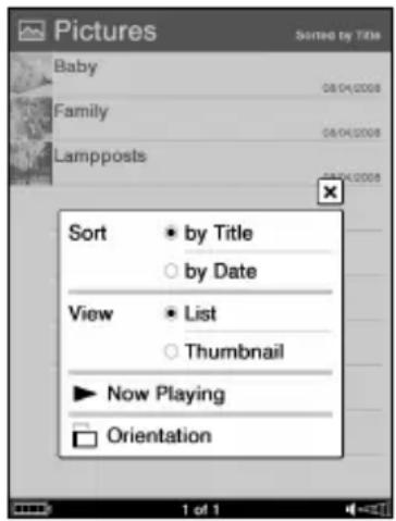 SONY Reader PRS700 - Menu d'options de la liste d'images - 1