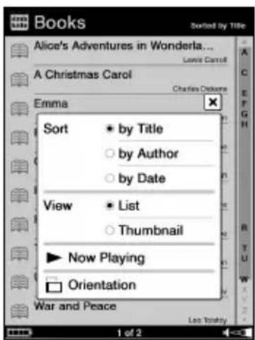 SONY Reader PRS700 - Menu d'options de la liste de livres - 1